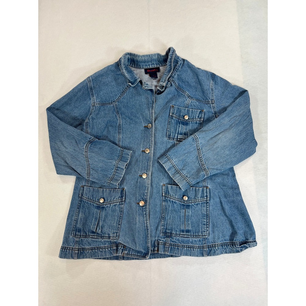 Denim & Co Womens 1X Blue Denim Chore Jacket Button Front Utility Barn Coat